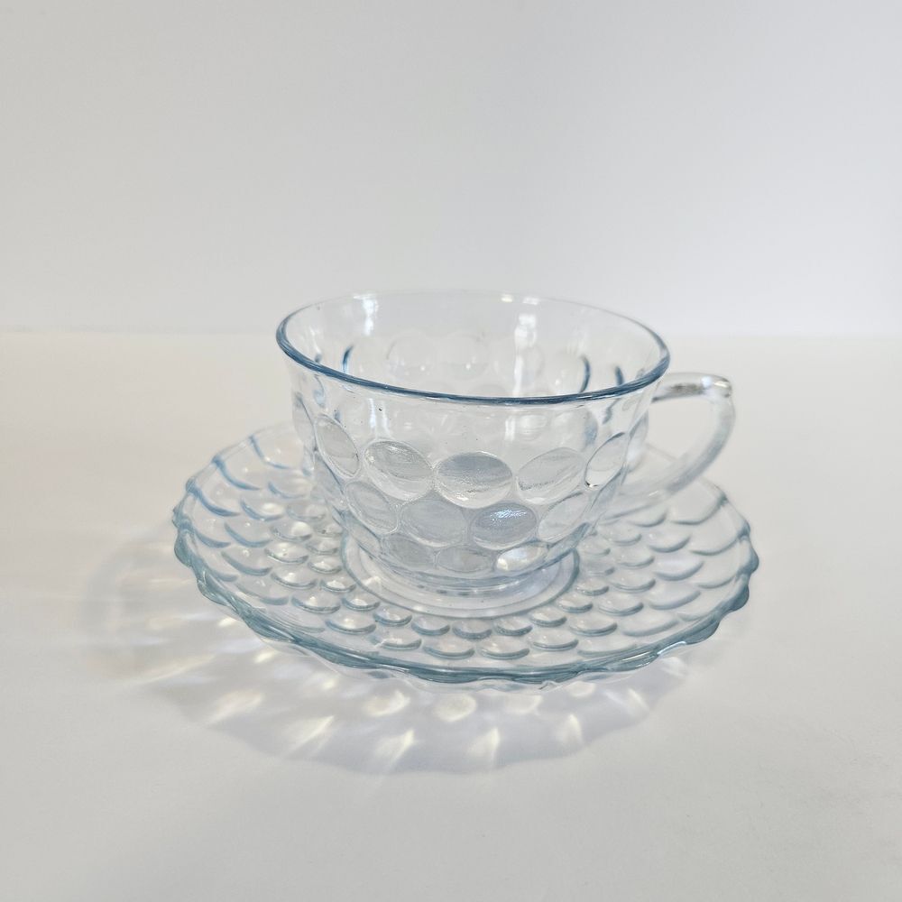Vintage Anchor Hocking Sapphire Blue Bubble Depression Glass Teacup & Saucer Set